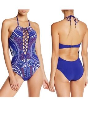 Trina Turk Bali Jakarta Embroidered Halter One Piece Vibrant Blue Multi Size 4